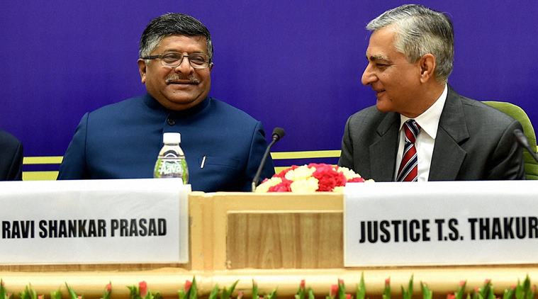 New Delhi:  Chief Justice of India  T S Thakur with Union Law Minister Ravi Shankar Prasad and Minister of State in Prime Minister's Office (PMO) Jitendra Singh at the All India Conference of the Central Administrative Tribunal (CAT) in New Delhi on Saturday. PTI Photo by Atul Yadav(PTI11_26_2016_000022B)